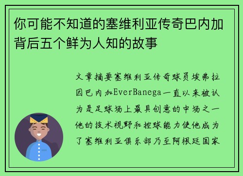 你可能不知道的塞维利亚传奇巴内加背后五个鲜为人知的故事